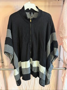 Jones New York Black and Gray Striped Zip-Front Cape